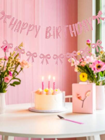 Birthday Bows Garland Banner, Glitter Pink Happy Birthday Bow Decorations For Women, Pink Birthday Party Supplies