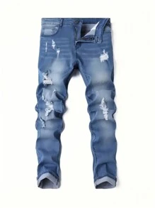 A Pair Of 510g Ripped Bullet-Hole Denim Fabric Jeans, With A Composition Of 65% Cotton And 35% Polyester Fiber, Men's Casual Denim Trousers. - Medium Wash - View 3