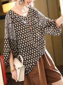 YUXIN Women's Spring - Summer Retro Floral Top, Crew Neck Lantern Sleeve, Daily Outing/Light Social, Breathable Slim - Fitting Fashion Blouse