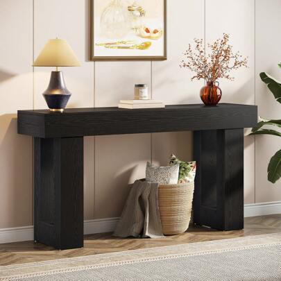 LITTLE TREE Farmhouse Console Table, 63-Inch Long Wooden Sofa Table Behind The Couch, Narrow Entryway Table For Entrance, Hallway, Living Room, Black