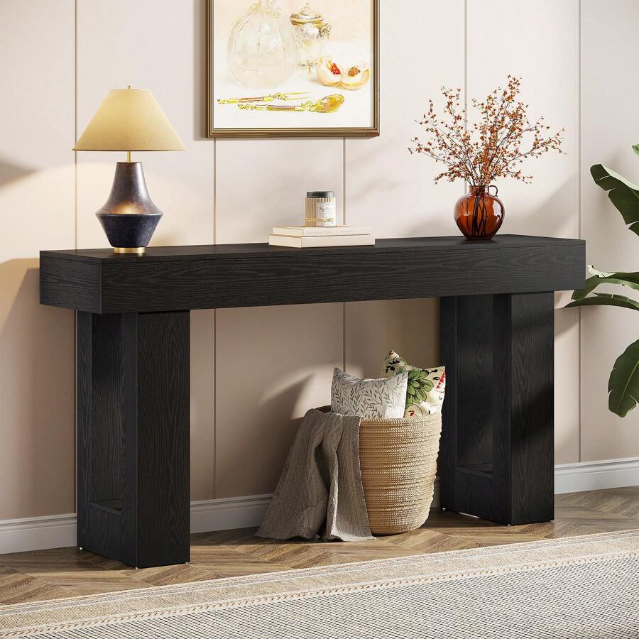 LITTLE TREE Farmhouse Console Table, 63-Inch Long Wooden Sofa Table Behind The Couch, Narrow Entryway Table For Entrance, Hallway, Living Room, Black - Black - View 1