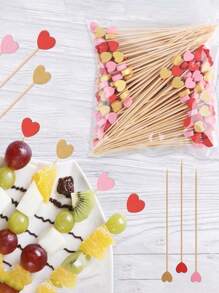 100 支情人节心形一次性竹签，创意艺术鸡尾酒牙签三明治签水果签，适合节日派对用品