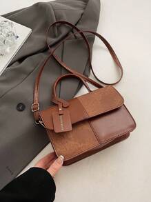 新款时尚简约格子拼布手提包，女士单肩包/斜挎包，日常工作通勤休闲使用，节日礼物 - 咖啡棕 - 查看 4