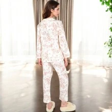 Women's Toile Print Button-Up Long Pajama Set - Pink - View 2