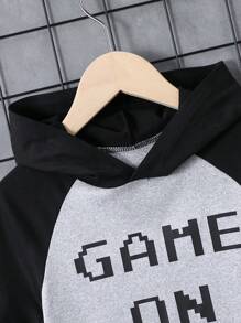 2pcs Set Young Boy Casual Slogan Print Splicing Shoulder Short Sleeve Hoodie T-Shirt & Shorts Set, Suitable For Summer Outdoor, Casual Daily, School Wear - Grey - View 4