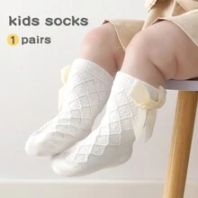 1 Pair Girls Waffle Knit Bow Mid-Calf Socks, Spring/Autumn