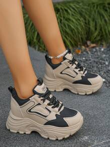 Women's Platform Sneakers, Fashion Versatile Lace-Up Round Toe Contrast Color Casual Shoes, Slimming And Height Increasing - Black - View 8