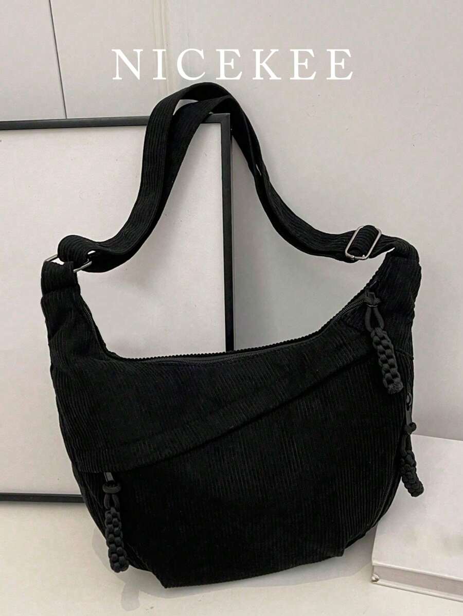 1pc Solid Color Corduroy Crescent Canvas Bag, Minimalist Lightweight Foldable Canvas Bag With Multi-Pockets, Zipper Closure Shoulder Bag, Suitable For Summer Casual, Commuting, Sports, College Style, Street Style And Travel