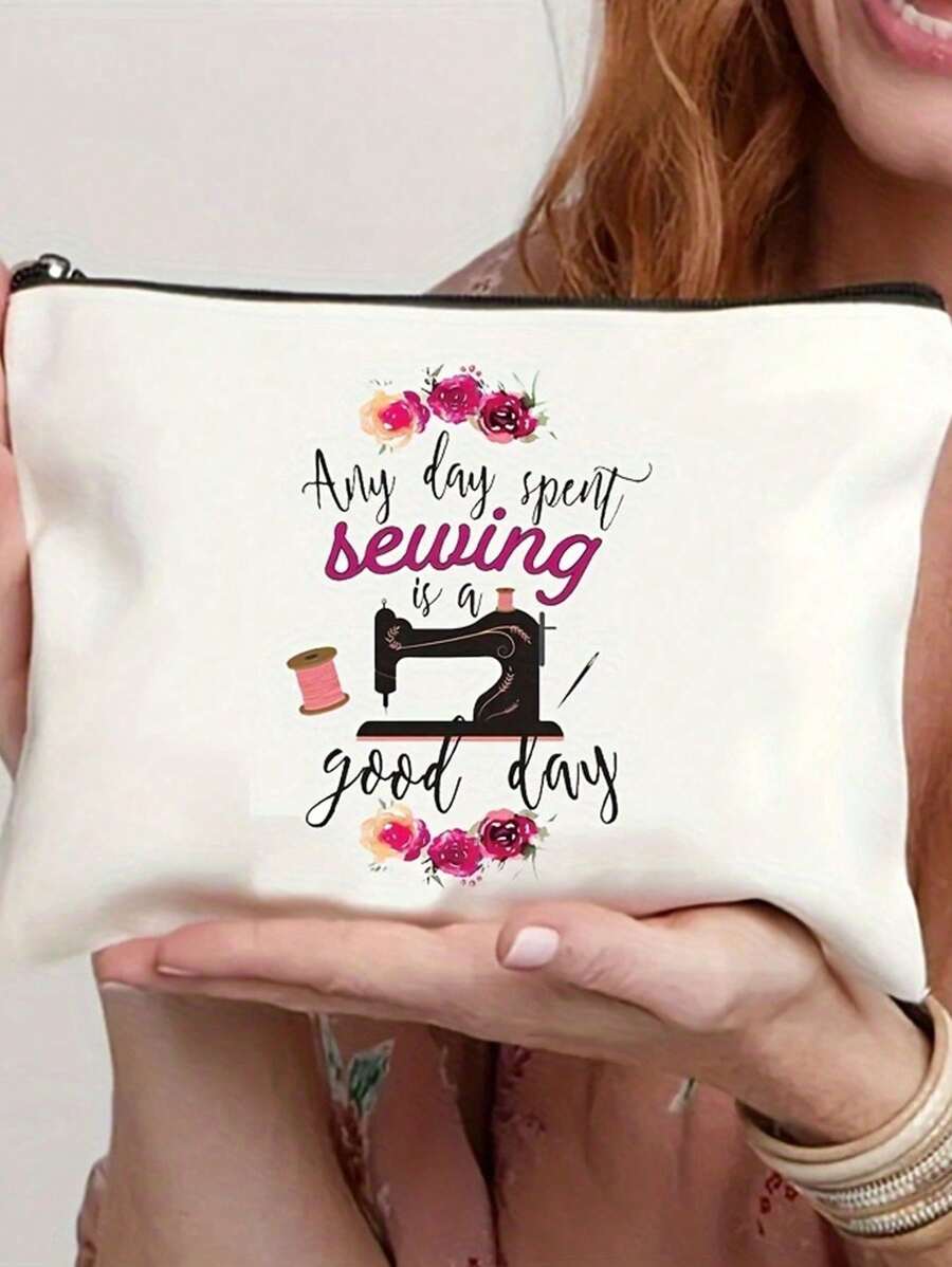 Sewing Machine Pattern Cosmetic Bag, Sewing Tool Organizer, Sewing Cosmetic Bag, Sewing Themed Gifts, Travel Toiletries Zipper Bag, Portable Canvas Organizer, Drawing Pencil Case, Valentine's Day Back-To-School Teacher Gift, Sewing Lover - Double-sided Pattern - View 1