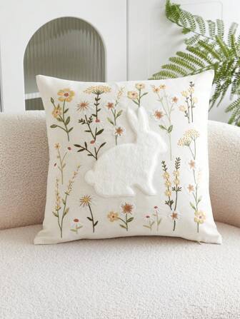 1 件花卉兔子刺绣抱枕套，适合室内装饰，四季装饰靠垫套，无枕芯