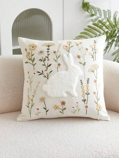 1pc Floral Rabbit Embroidered Throw Pillow Cover, Suitable For Indoor Decor, All Season Decorative Cushion Cover, Without Insert