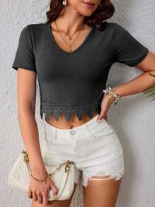 Women Lace Splicing T-Shirt, Short-Sleeved T-Shirt, V-Neck Top, Crop Tops, Solid Color T-Shirt - 灰色 - 查看 6
