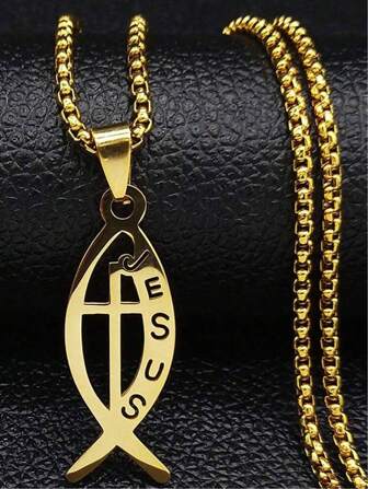 Ichthys Jesus Fish Cross Christ God Pendant Necklace For Women Men Stainless Steel Gold Color Christian Chain
