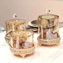 1pc European American Style Living Room Coffee Table Lace Candy Jar, Luxury Crystal Glass Storage Jar With Lid, Home Decor, Dry Flower Holder, Multi-Function Storage Box For Cleaning Swabs, Wet Wipes, Etc.