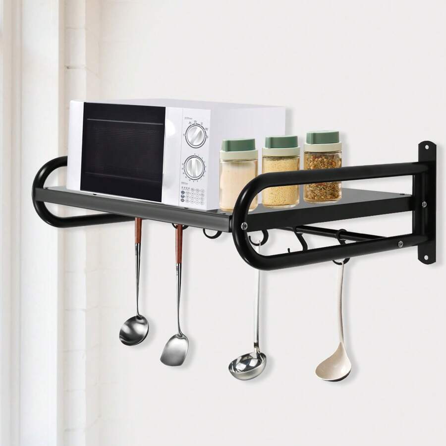 Ofen Wandhalterung für Küche mit 6 Mobile Haken Dicke Edelstahl Mikrowelle Halter Küchenregal - Schwarz - Übersicht 1