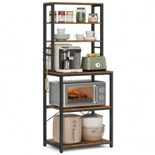 VASAGLE Kitchen Storage Rack, Coffee Bar, Baker's Rack, Total 6 Shelves And 6 Hooks, For Microwave, Steel Frame, Industrial, Rustic Brown And Black