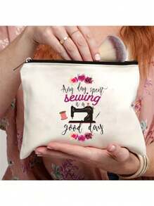 Sewing Machine Pattern Cosmetic Bag, Sewing Tool Organizer, Sewing Cosmetic Bag, Sewing Themed Gifts, Travel Toiletries Zipper Bag, Portable Canvas Organizer, Drawing Pencil Case, Valentine's Day Back-To-School Teacher Gift, Sewing Lover - Double-sided Pattern - View 4
