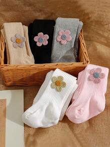 5pcs/Pack Baby Girls Flower Decorated Thin Striped Stirrup Tights, Versatile Leggings For All Seasons