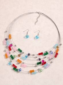 1pc Middle Eastern Style Bamboo Knot Layered Necklace & 1 Pair Glass Bead Earrings, Fashionable Jewelry Set For Women