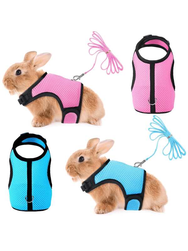 2 Stücke/Set Kaninchengeschirr und Leine Set, atmungsaktive Netzweste zum Spazierengehen für kleine Haustiere (Blau, Pink)