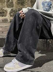 High-End Simple Versatile Straight Leg Washed Denim Jeans, Drawstring Elastic Waist Casual Pants, All Season