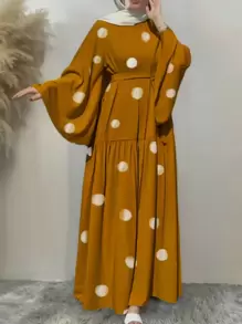 Women's Elegant Solid Color Bell Sleeve Dress, Spring/Summer,Modest - Caramel Polka Dots - View 1