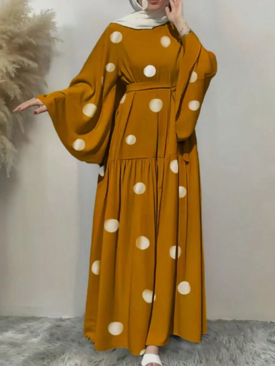 Women's Elegant Solid Color Bell Sleeve Dress, Spring/Summer,Modest - Caramel Polka Dots - View 1