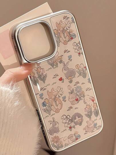 GUCADI 1 件花卉兔子设计银边硬壳环氧电镀手机壳适用于 Apple 16/15/14/13 系列