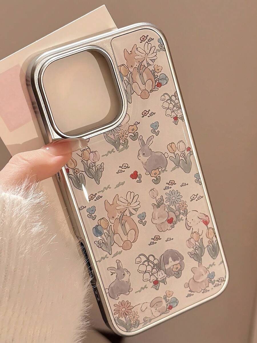 GUCADI 1 件花卉兔子设计银边硬壳环氧电镀手机壳适用于 Apple 16/15/14/13 系列