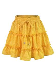 Falda corta con volantes y estampado floral para mujer, cintura alta, corte en A, plisada y anudada para verano