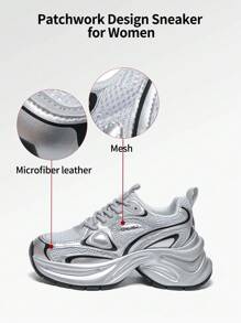 somiliss 1双女士时尚系带皮革网面舒适休闲运动鞋，厚底增高6厘米，低帮户外步行鞋，银色，2026年春季新款
