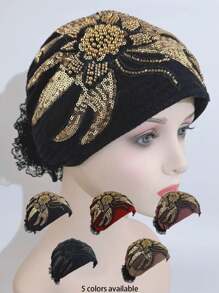 1 件女士优雅时尚网纱花朵亮片串珠拼布发带头巾，透气百搭头巾，适合户外、派对、购物 - 彩色 - 查看 12