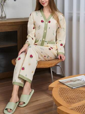 2 件女士草莓全身印花开衫 V 领撞色套头睡衣，长袖上衣带双口袋水果印花，心形印花温暖舒适裤子，适合春秋休闲装