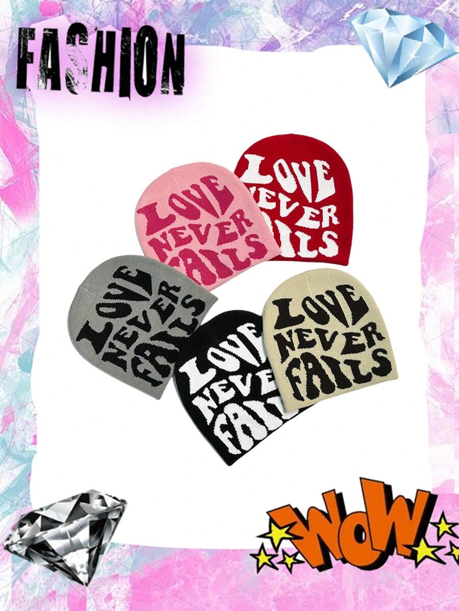 Gothic Letter Jacquard Y2K Beanie Hat, Hiphop Color Block Knit Cap, Elastic Skull Breathable Visorless Cap, Unisex Street Casual Acrylic Jacquard Y2K Fashion Knit Hat, All Seasons - A - View 1