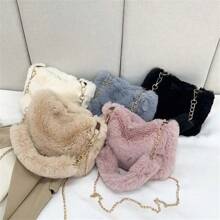 Fashion Women Fluffy Shoulder Bags Female Winter Chain Underarm Bag Solid Color Handbag Soft Plush Handle Bag - Beige - View 6
