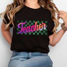 Camisa retro de maestra, camiseta con brillo para maestras, linda camiseta de enseñanza, camisetas de vuelta al colegio, regalo de apreciación a maestras, nuevas camisetas de enseñanza, camiseta oversize para mujer, cómodas camisetas de colores estampadas, camiseta casual de algodón de manga corta para mujer - Negro - Ver 1