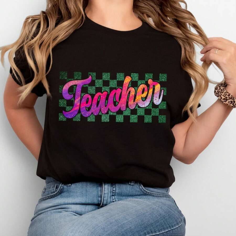 Camisa retro de maestra, camiseta con brillo para maestras, linda camiseta de enseñanza, camisetas de vuelta al colegio, regalo de apreciación a maestras, nuevas camisetas de enseñanza, camiseta oversize para mujer, cómodas camisetas de colores estampadas, camiseta casual de algodón de manga corta para mujer - Negro - Ver 1