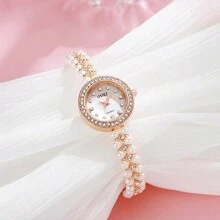 复古时尚休闲珠宝珍珠手链手表，女士情人节、母亲节礼物，合金表壳 - 均碼-十二鑽表面 - 查看 4