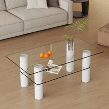 Modern Minimalist Double Layered Transparent Tempered Glass Coffee Table And Coffee Table, Paired With White MDF Drative Columns. Computer Desk. Game Table. CT-X02