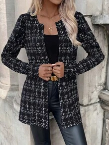 Chaqueta Negra de Malla de Manga Larga y Cuello Redondo, Estilo Casual, Chaqueta a la Moda - Negro - Ver 2