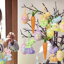 18 件复活节彩蛋饰品和胡萝卜挂饰套装，彩色泡沫复活节彩蛋树装饰，闪光人造兔子胡萝卜复活节饰品，适合复活节春季派对 - 彩色 - 查看 6