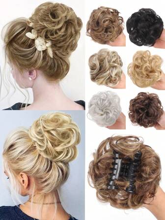 Messy Curly Wavy Hair Bun Claw Clip In Tousled Updo Hair Extensions Curly Wavy Synthetic Hair Bun Scrunchie Hair Piece