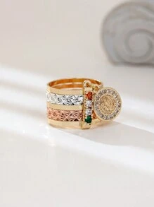 1 件手工制作的三色圣母玛利亚 Semanario 多层戒指，宝石颜色随机，Virgen De Guadalupe Anillo 带锆石吊坠，适合作为礼物、朋友、日常和节日佩戴