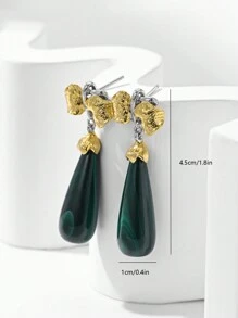 1 Pair 925 Sterling Silver Luxury Vintage Peacock Stone Pendant Earrings, Golden Floral Petal & Delicate Leaf Design Jewelry, Displaying Elegant Feminine Charm, Suitable For Formal Occasions Like Gala And Wedding