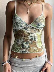 Women Crop Lace Camisole Casual Floral Print V-Neck Spaghetti Straps Tank Tops Sleeveless T-Shirt For Club Streetwear - Green - View 3