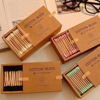 300/200 Stücke doppelköpfige, bunte Make-up Entferner Reinigungsstäbchen, Einweg-Reinigungsstäbchen in Kraftpapier-Box aus Bambus, Kunststoff und Papier, hochwertige Reinigungsstäbchen, natürliche Reinigungsstäbchen, Bio, Doppelspitzen Reinigungsstäbchen zur Ohrenschmalzentfernung