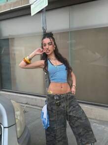 Y2k 女款夏季时尚条纹和数字印花修身上衣 - 藍色 - 查看 1