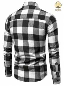 男士格子休闲长袖衬衫 - 黑與白 - 查看 3
