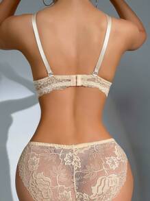 Women's Lace Lingerie Set V Neck Bra With Low Rise Thong Mesh Babydoll Set - Khaki - View 7