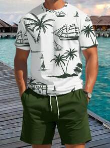 Men's Vacation Set With Palm Tree Print Short Sleeve T-Shirt And Drawstring Shorts - màu xanh lá - Xem 1